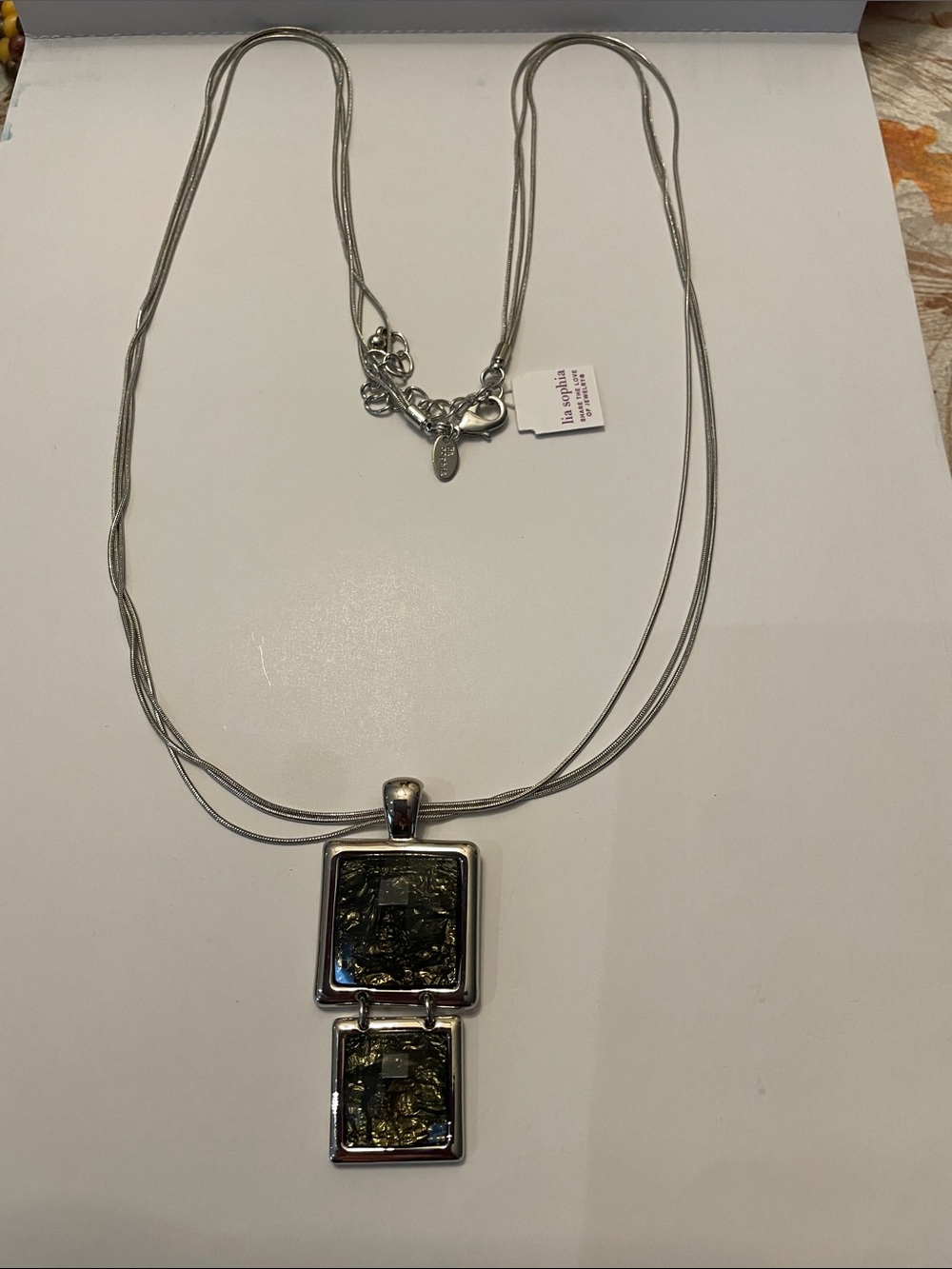 Lia Sophia Silver-Tone Necklace with Black and Green Mosaic Pendants